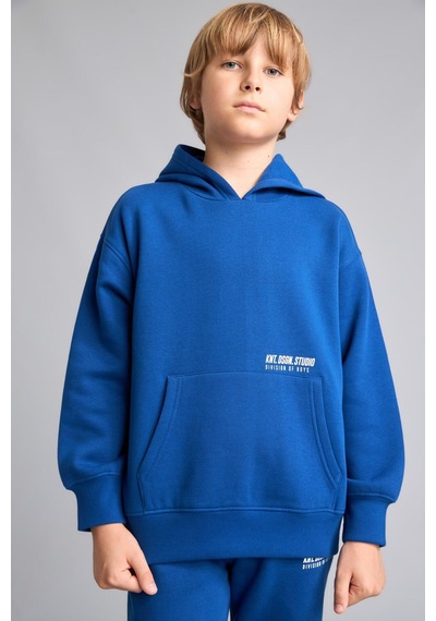 Defacto Regular Fit Kapüşonlu Baskılı Kanguru Cepli Kalın Kumaş Sweatshirt Erkek Çocuk H9682a826wnbe842 Mavi-be842