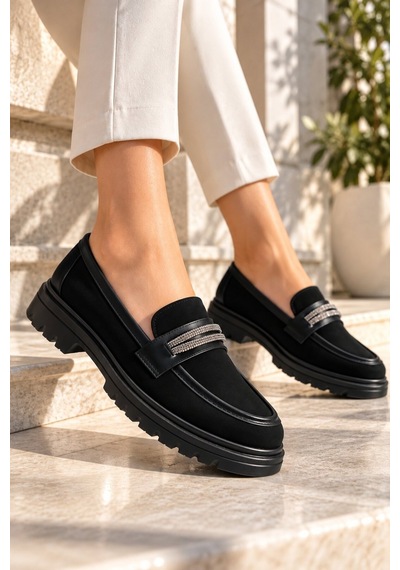 Modafocus Metal Şerit Detaylı Süet Ortopedik Loafer - Siyah Siyah