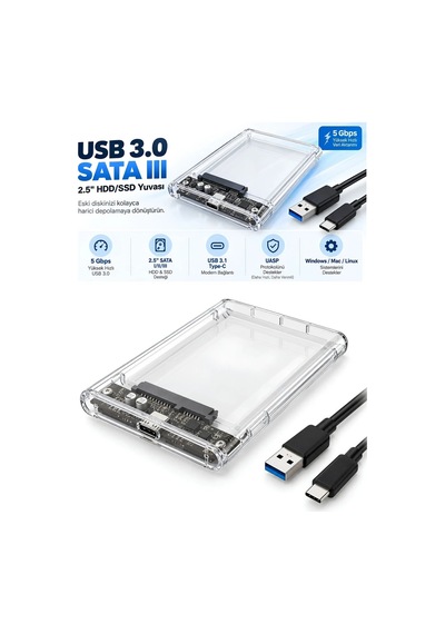Type-c 2.5" Hdd Ssd Harici Disk Kutusu Şeffaf Usb 3.0 Sata Iıı 5gbps Uasp Destekli Windows Mac Linux Uyumlu