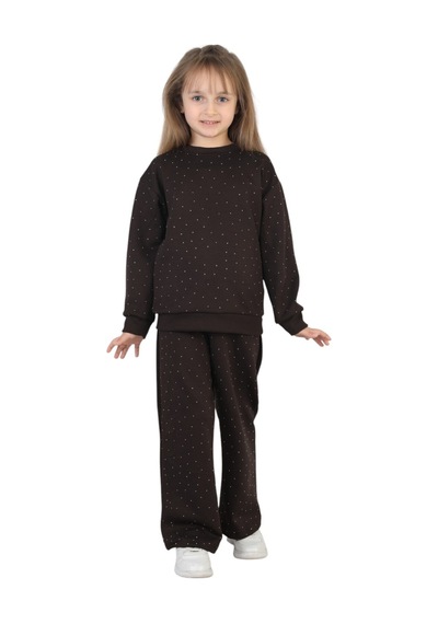 Erdem Kıds Kız Çocuk Taşlı Pijama Takımı Rahat Kalıp Günlük-casual Takım İkili Takım Kahverengi Kahverengi