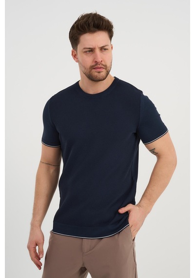 Alexander Gardi Alexandergardı Bisiklet Yaka Kolları Şeritli Triko T-shirt 1243 Lacivert
