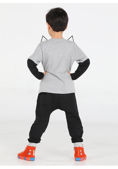 Casabony Tilki Baggy Erkek Çocuk Pantolon + T-shirt Takım-gri - Siyah