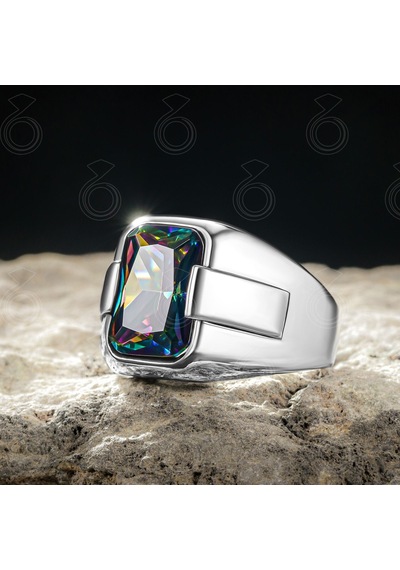 Gümüş Mistik Topaz Taşlı Sade Tasarım Erkek Yüzük Gümüş