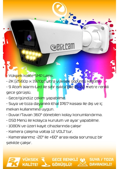 Elitcam 8 Kameralı Süper 8 Dış Kamera Set 500 GB 5 MP 2K Net Renkli Gece Görüşlü Güvenlik Kamerası Sistemi