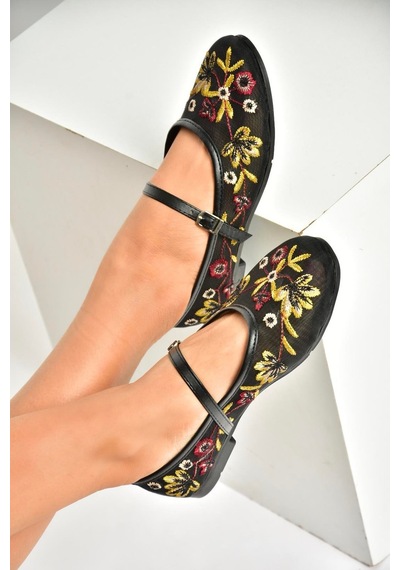 Fox Shoes U267853215 Siyah File Çiçek Motifli Kadın Babet Siyah-file Siyah