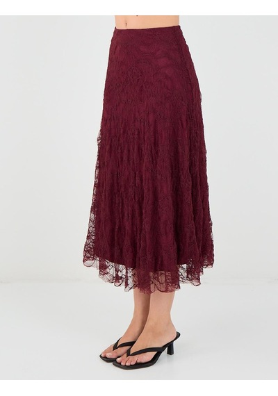 Jimmy Key Bordo Yüksek Bel Dantel Detaylı Örme Midi Etek 5ww075302562