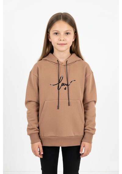 Kapşonlu Love Baskılı Kanguru Cepli Kız Çocuk Sweatshirt-90858 Kahverengi