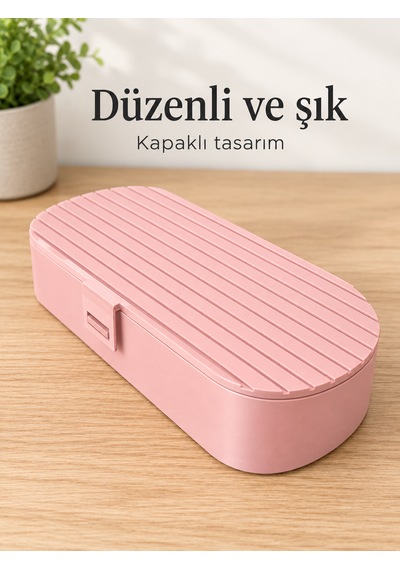 Diş Fırçası Ve Macunu Seyahat Kutusu Kapaklı Bölmeli Organizer Pembe