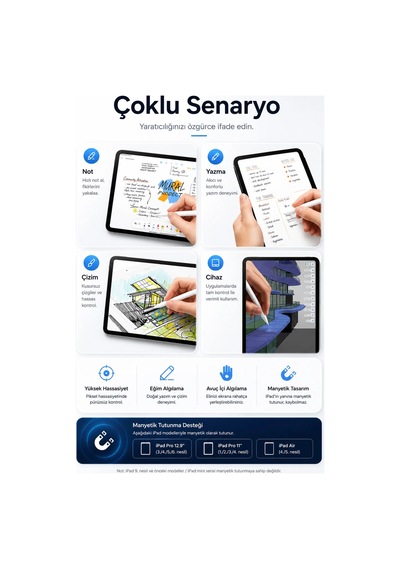 Exenar - Beyaz - İpad Uyumlu Tablet Kalemi Manyetik Stylus Pen Eğim Sensörlü Avuç İçi Engelleme Usb-c Şarjlı 1 Yedek Uç