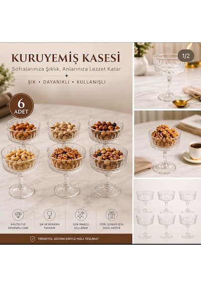 Cam Ayaklı Sunumluk Kase 6 Adet Şeffaf