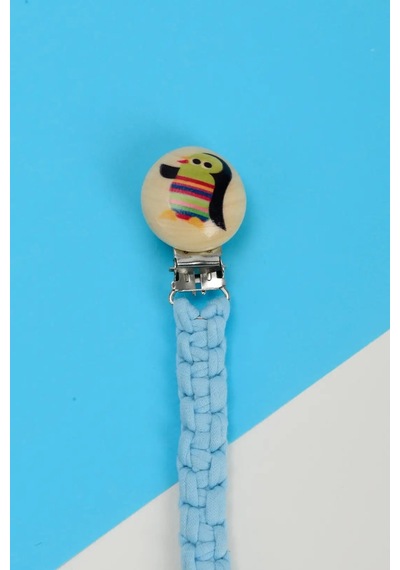 E&f Store El Örmesi Doğal Ahşap Emzik Askısı - Penguen - Bebe Mavi Bebek Mavisi