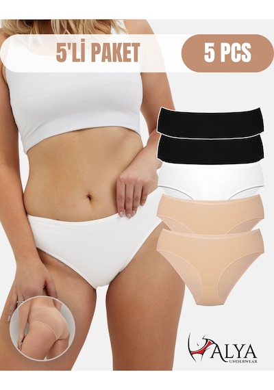 Alya Underwear Kadın Pamuklu Hipster - Slip Külot 5 Farklı Renk 1 Pakette Siyah-Beyaz-Ten