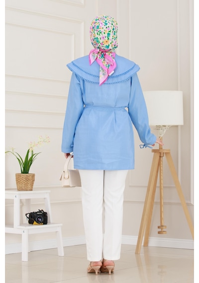 Sevitli Çift Yaka Dantelli Tunik-indigo-4986 Indigo