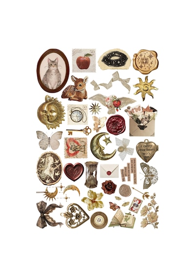 Vintage Light Academia Sticker Seti - Etiket Seti Scrapbook Bullet Journal Kahverengi