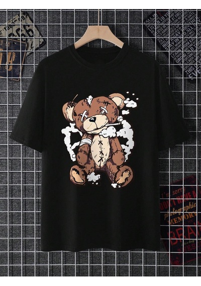 Unisex Ayı Gözü X Baskılı Oversize Tshirt Siyah