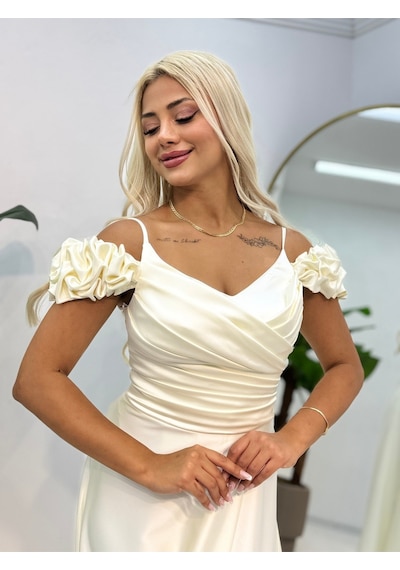 E&a Eren Abiye Madonna Yaka Derın Yırtmaclı Saten Abıye Ekru