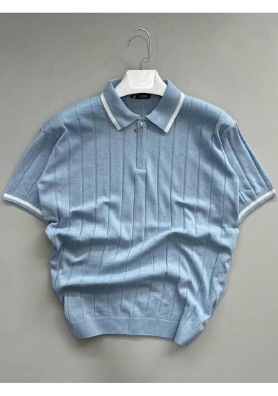 Fermuarlı Polo Yaka Kısa Kollu Triko T-shirt Bebe Mavi
