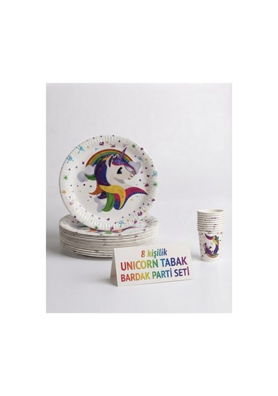 Unicorn Konsepti 8 Kişilik Doğum Günü Tabak Bardak Seti - Renkli Parti Malzemeleri Pembe Tüm Yaşlar