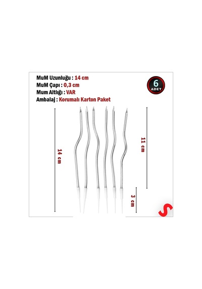 Gümüş Metalik Krom Renkli Spiral Pasta Mumu 14 Cm - 6 Adet