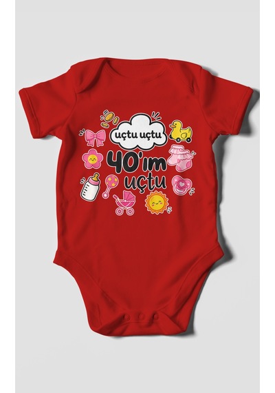Morivokids Uçtu Uçtu 40'ım Uçtu Kısa Kollu Bebek Body %100 Pamuk Kırmızı