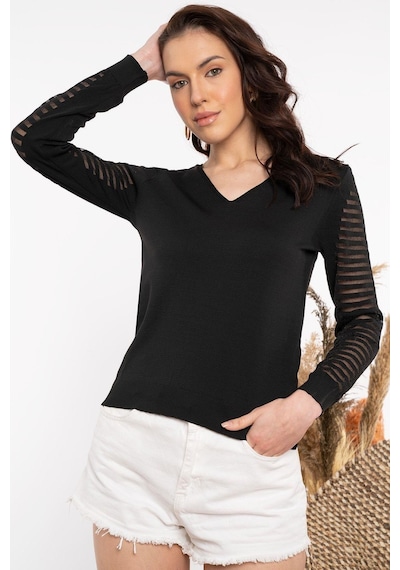Aqe Fashion Kadın V Yaka Kolu Dantel Detaylı Siyah Bluz Siyah