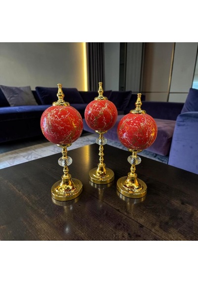Ruby Gold Küre Dekoratif Obje Seti Kırmızı Mermer Desenli Lüks Modern Masa Üstü Ev Aksesuarı