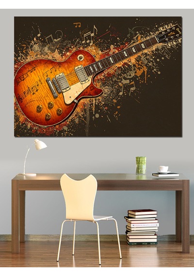 Elektro Gitar Ve Notalar Patlaması Dekoratif Kanvas - Mdf Ahşap Tablo