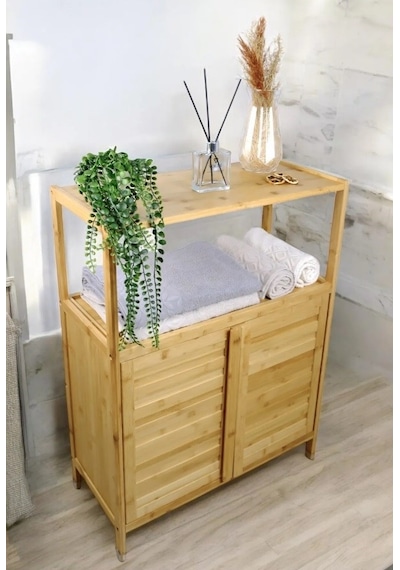 Bambu Çift Kapaklı 2 Raflı Çok Amaçlı Düzenleyici Organizer Banyo Dolabı Bambu