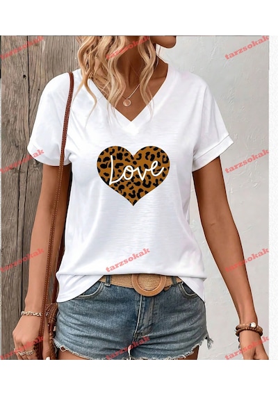 Startmore Leopar Desenli Desenli Kalp Love Beyaz