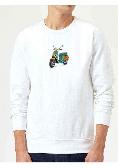 Art Vespa Illustration On Baskılı Beyaz Erkek Örme Sweatshirt (528408742)