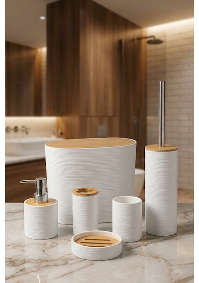 Makri Home 6 Parça Bambu Kapaklı Banyo Seti, Beyaz, Oval, Hacim: 8 Litre