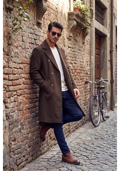 Buratti Loose Fit Kruvaze Yaka Uzun Astarlı Kaşe Kaban Erkek Kaban 681003 Kahve