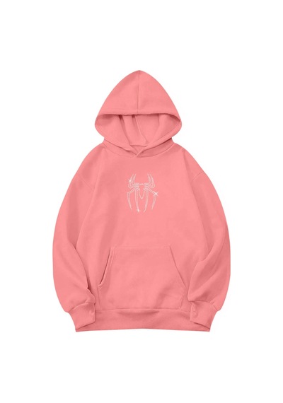 Brz Collection Unisex Oversize Spider Kristal Taş Baskılı Hoodie Pembe Pembe