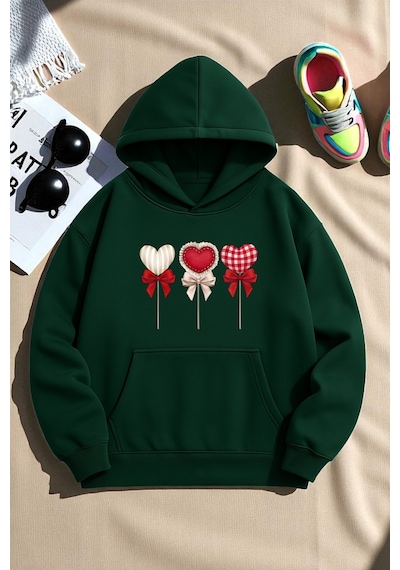 Uyguntarz Unisex Kalp Lolipop Detayli Baskılı Oversize Sweatshirt Yeşil