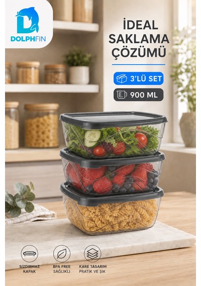 3 Lü Kare Saklama Kabı Seti 3x900 Ml Füme Şeffaf Siyah Kapaklı Bpa İçermez