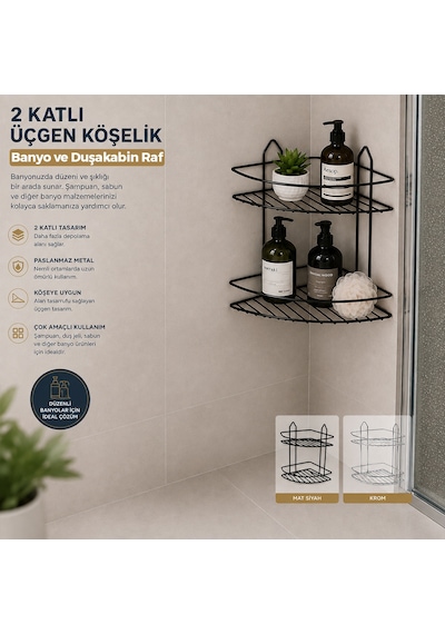 K13-010 2 Katlı & Üçgen Siyah Metal Banyo Köşelik & Duşkabin Raf 12'li Paket