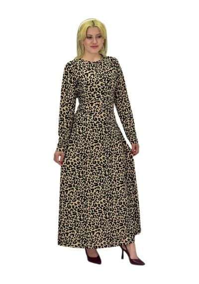 Kadın Leopar Desen Krep O Yaka Elbise Bgl-st03539 001
