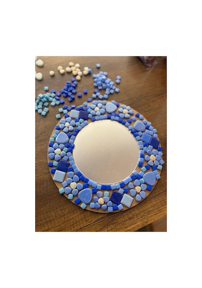 30x20cm Yuvarlak Pleksi Aynalı Yetişkin Mozaik Set Başlangıç Seviye Mavi Tonlar