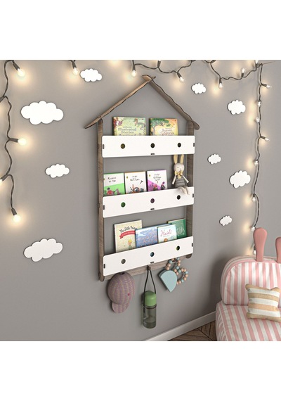 Mingitav Maison Çatılı Askılı Ahşap Eğitici Montessori Kitaplık Ahşap
