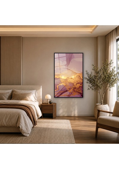 Pudra Gül Kurusu Altın Işıltı Siyah Çerçeveli Cam Tablo