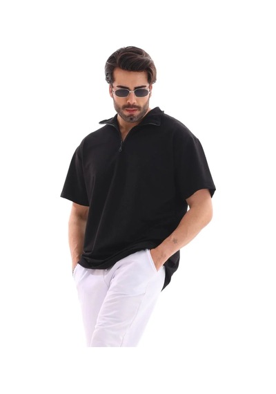 Erkek Yarım Fermuarlı Düz Oversize T-shirt - Siyah