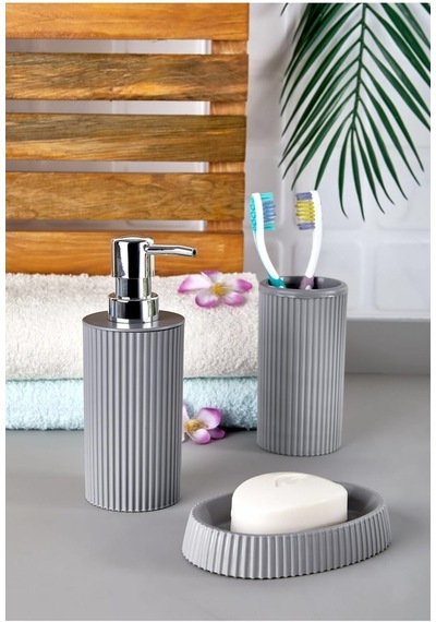 Çizgili Banyo Seti 3'lü Açık Gri