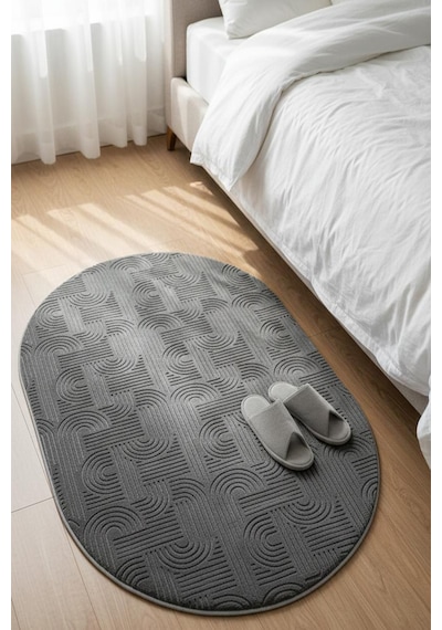 Raschel Carpet Premium Oval Yıkanabilir Leke Tutmaz Emboss Bohem Koyu Gri Özel Seri Kaymaz Taban Halı Yolluk Koyu Gri