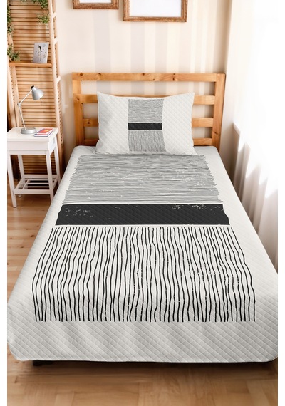 Siyah Çizgili Geometrik Genç Odası Tek Kişilik Pike Takımı - Modern 160x220 Cm Kapitone Yatak Örtüsü Keten Kuşluk Uyumu