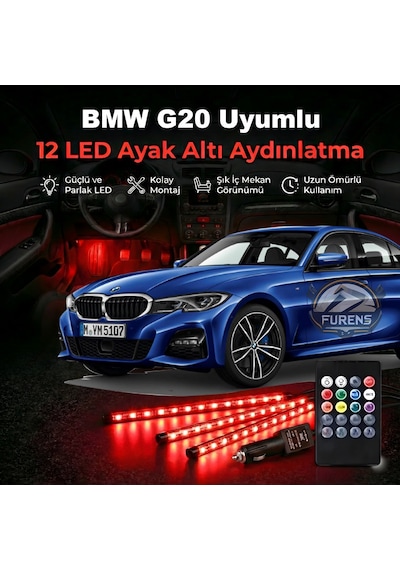 Bmw G20 Uyumlu Rgb Ayak Altı Led 12 Led Kumandalı Müzik Duyarlı Araç İçi Aydınlatma 7 Renk 12v 1