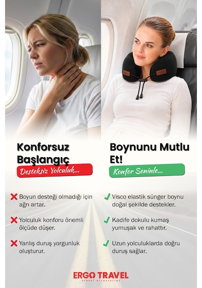 Viscofoam Cosy Ortopedik Seyahat Yastığı Visco Boyun Destekli Seyahat Yastığı - Siyah | Ergo Travel