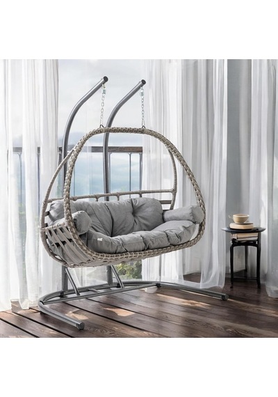 Malta Çiftli Rattan Bahçe Salıncağı Gri Çok Renkli