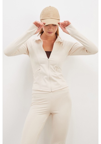 Fullamoda Parmak Geçirmeli Dalgıç Kumaş Slim Fit Ceket Bej