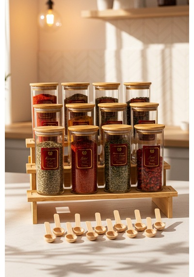 Nare - Bambu Standlı 12'li Vakumlu Kapaklı Ahşap Kaşıklı Etiketli Cam Baharatlık Cam Saklama Kabı