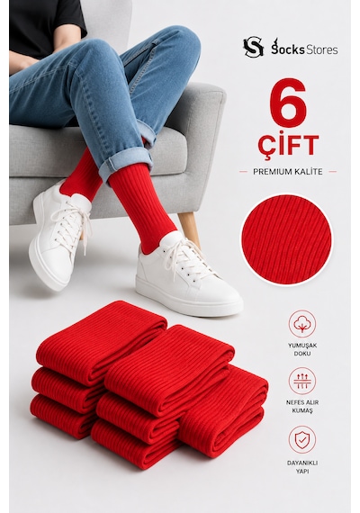 Socks Stores 6 Çift Unisex Renkli Pamuklu Soket Çorap - Renkli Tenis Boy Çorap Kırmızı